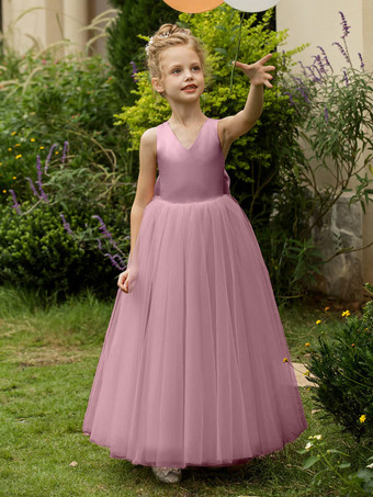 フクシャピンクウェディング フラワーガールドレス 特別な日のドレス ブラッシュピンク ノースリーブ リボン