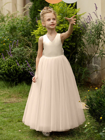 シャンパンウェディング フラワーガールドレス 特別な日のドレス ブラッシュピンク ノースリーブ リボン