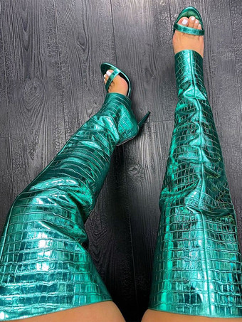 ゴールドのオーバーニーブーツ、オープントゥ、メタリックストーン柄、太ももまでの高さのスティエットヒール、セクシーなブーツ