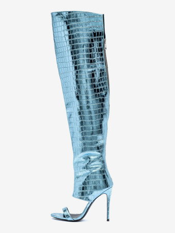 ライトスカイブルーゴールドのオーバーニーブーツ、オープントゥ、メタリックストーン柄、太ももまでの高さのスティエットヒール、セクシーなブーツ