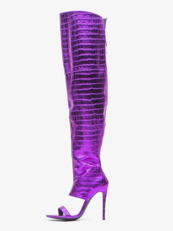 バイオレットゴールドのオーバーニーブーツ、オープントゥ、メタリックストーン柄、太ももまでの高さのスティエットヒール、セクシーなブーツ