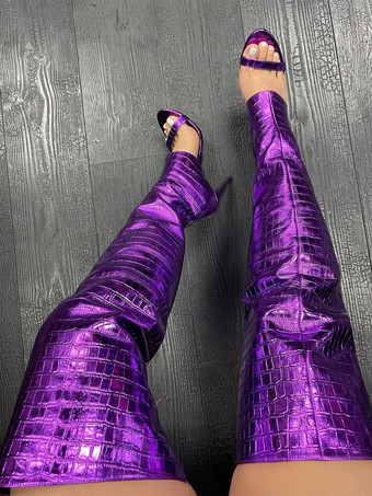 ゴールドのオーバーニーブーツ、オープントゥ、メタリックストーン柄、太ももまでの高さのスティエットヒール、セクシーなブーツ