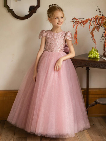 ピンクウェディング フラワーガールドレス 特別な日のドレス ピンク 半袖 リボン