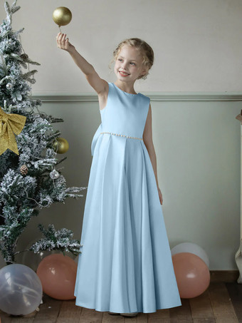 ベビーブルーウェディング フラワーガールドレス 特別な日のドレス ブルー グレー ノースリーブ リボン