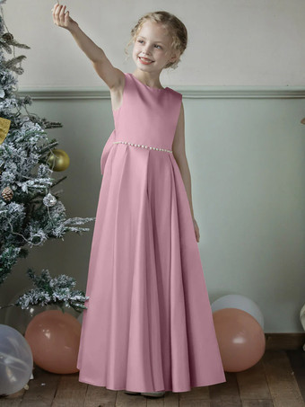 ホットピンクウェディング フラワーガールドレス 特別な日のドレス ブルー グレー ノースリーブ リボン