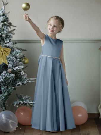 スレートグレー ウェディング フラワーガールドレス 特別な日のドレス ブルー グレー ノースリーブ リボン