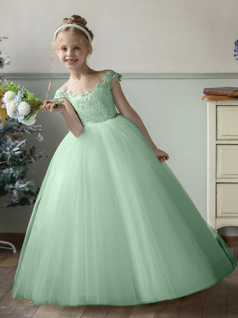 パステルグリーンウェディング フラワーガールドレス 特別な日のドレス フクシアピンク ノースリーブ パール