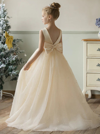 ウェディング フラワーガールドレス 特別な日のドレス シャンパン ノースリーブ パール