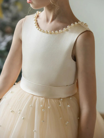 ウェディング フラワーガールドレス 特別な日のドレス シャンパン ノースリーブ パール