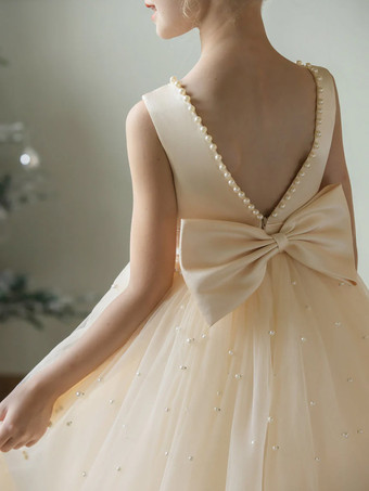 ウェディング フラワーガールドレス 特別な日のドレス シャンパン ノースリーブ パール