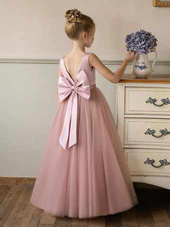 ウェディング フラワーガールドレス 特別な日のドレス ピンクのノースリーブ リボン