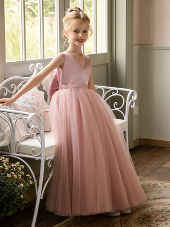 ウェディング フラワーガールドレス 特別な日のドレス ピンクのノースリーブ リボン