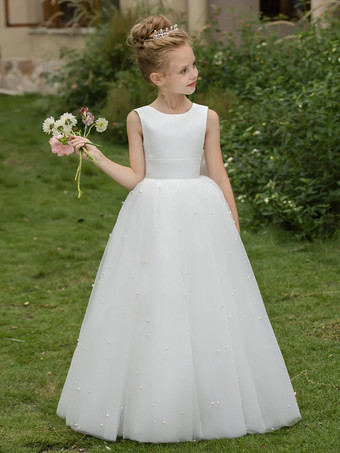 ウェディング フラワーガールドレス 特別な日のドレス ホワイト ノースリーブ リボン