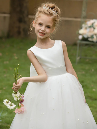 ウェディング フラワーガールドレス 特別な日のドレス ホワイト ノースリーブ リボン