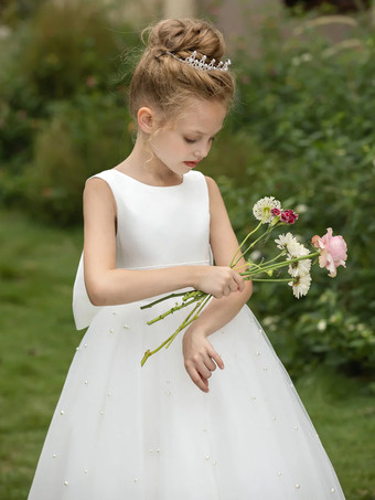 ウェディング フラワーガールドレス 特別な日のドレス ホワイト ノースリーブ リボン
