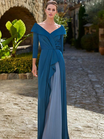 マザードレス Vネック 7分袖 Aライン プリーツ ゲストドレス 結婚式用