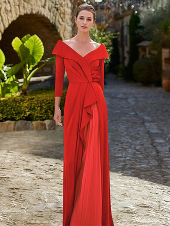 マザードレス Vネック 7分袖 Aライン プリーツ ゲストドレス 結婚式用