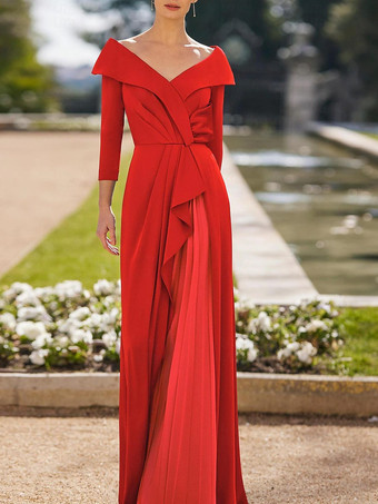 レッド マザードレス Vネック 7分袖 Aライン プリーツ ゲストドレス 結婚式用