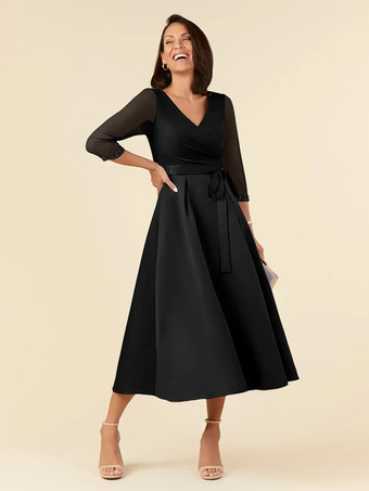 ブラックブライダルマザードレス Vネック ハーフスリーブ Aライン サッシュ ティーレングス ウェディングゲストドレス