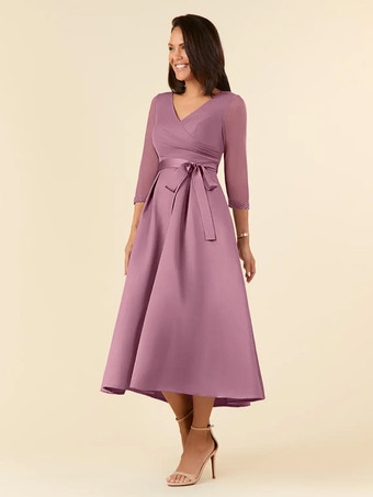 カメオピンクブライダルマザードレス Vネック ハーフスリーブ Aライン サッシュ ティーレングス ウェディングゲストドレス