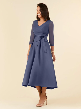 ブルーブライダルマザードレス Vネック ハーフスリーブ Aライン サッシュ ティーレングス ウェディングゲストドレス