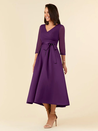 プラムブライダルマザードレス Vネック ハーフスリーブ Aライン サッシュ ティーレングス ウェディングゲストドレス