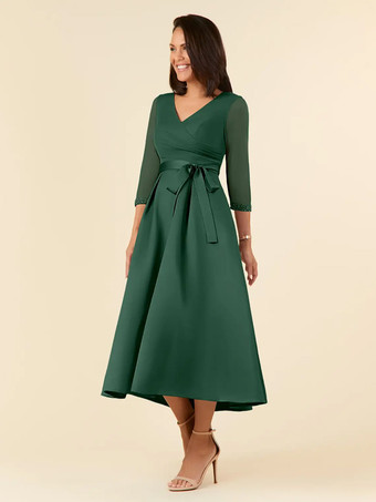ダークグリーンブライダルマザードレス Vネック ハーフスリーブ Aライン サッシュ ティーレングス ウェディングゲストドレス