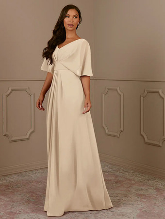 シャンパンマザードレス Vネック 半袖 Aライン プリーツ ウェディングゲストドレス