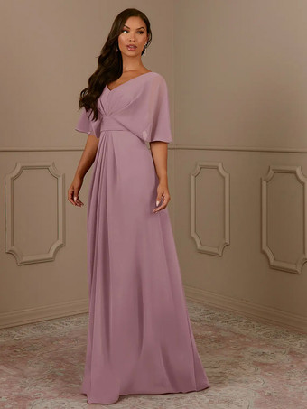 サーモンピンクマザードレス Vネック 半袖 Aライン プリーツ ウェディングゲストドレス