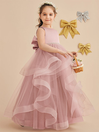 ウェディング フラワーガールドレス 特別な日のドレス ピンクのノースリーブ リボン