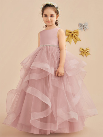 ウェディング フラワーガールドレス 特別な日のドレス ピンクのノースリーブ リボン