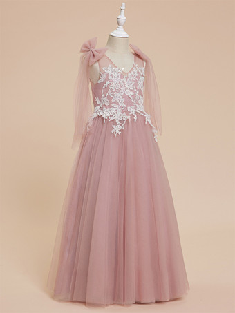 ウェディング フラワーガールドレス 特別な日のドレス ピンクのノースリーブ リボン