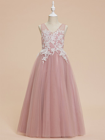 ウェディング フラワーガールドレス 特別な日のドレス ピンクのノースリーブ リボン