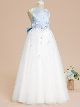 ウェディング フラワーガールドレス 特別な日のドレス ベビーブルー ノースリーブ リボン