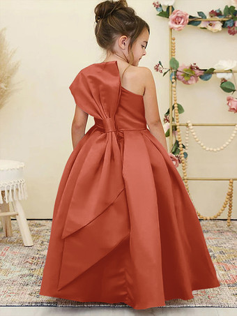 ブリックレッドウェディング フラワーガールドレス 特別な日のドレス 水仙 ノースリーブ リボン