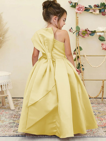 スイセン色ウェディング フラワーガールドレス 特別な日のドレス 水仙 ノースリーブ リボン