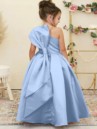 ベビーブルーウェディング フラワーガールドレス 特別な日のドレス 水仙 ノースリーブ リボン