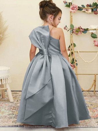 グレーブルーウェディング フラワーガールドレス 特別な日のドレス 水仙 ノースリーブ リボン