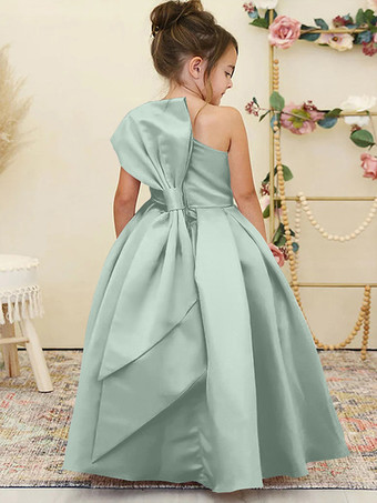 パステルグリーンウェディング フラワーガールドレス 特別な日のドレス 水仙 ノースリーブ リボン