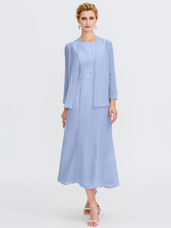 ベビーブルーマザードレス ジュエルネック ノースリーブ Aライン ビーズ ウェディングゲストドレス