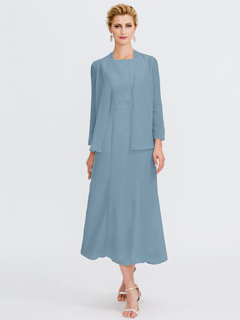 グレーブルーマザードレス ジュエルネック ノースリーブ Aライン ビーズ ウェディングゲストドレス