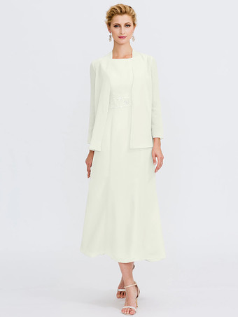 アイボリーマザードレス ジュエルネック ノースリーブ Aライン ビーズ ウェディングゲストドレス