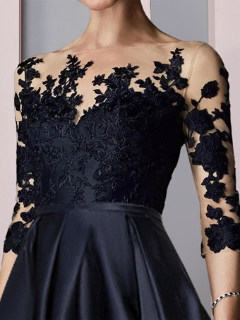 ブライダルマザードレス ジュエルネック 3/4丈スリーブ Aライン レース ティー丈 ゲストドレス 結婚式用