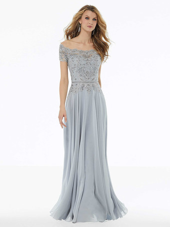 グレイマザードレス バトーネック 半袖 Aライン レース フロアレングス ウェディングゲストドレス