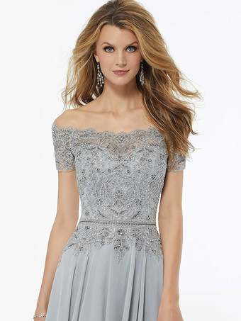 マザードレス バトーネック 半袖 Aライン レース フロアレングス ウェディングゲストドレス