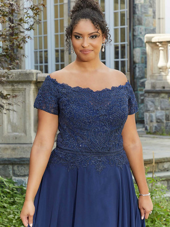 マザードレス バトーネック 半袖 Aライン レース フロアレングス ウェディングゲストドレス