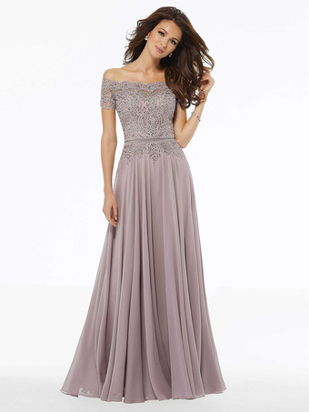 サーモンピンクマザードレス バトーネック 半袖 Aライン レース フロアレングス ウェディングゲストドレス