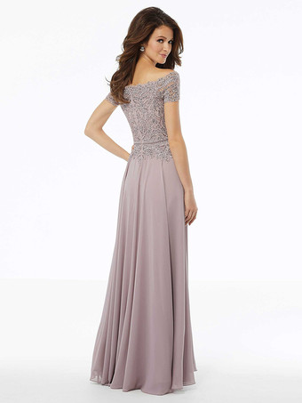 マザードレス バトーネック 半袖 Aライン レース フロアレングス ウェディングゲストドレス