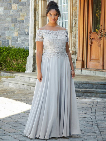 シルバーマザードレス バトーネック 半袖 Aライン レース フロアレングス ウェディングゲストドレス