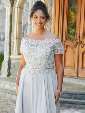 マザードレス バトーネック 半袖 Aライン レース フロアレングス ウェディングゲストドレス